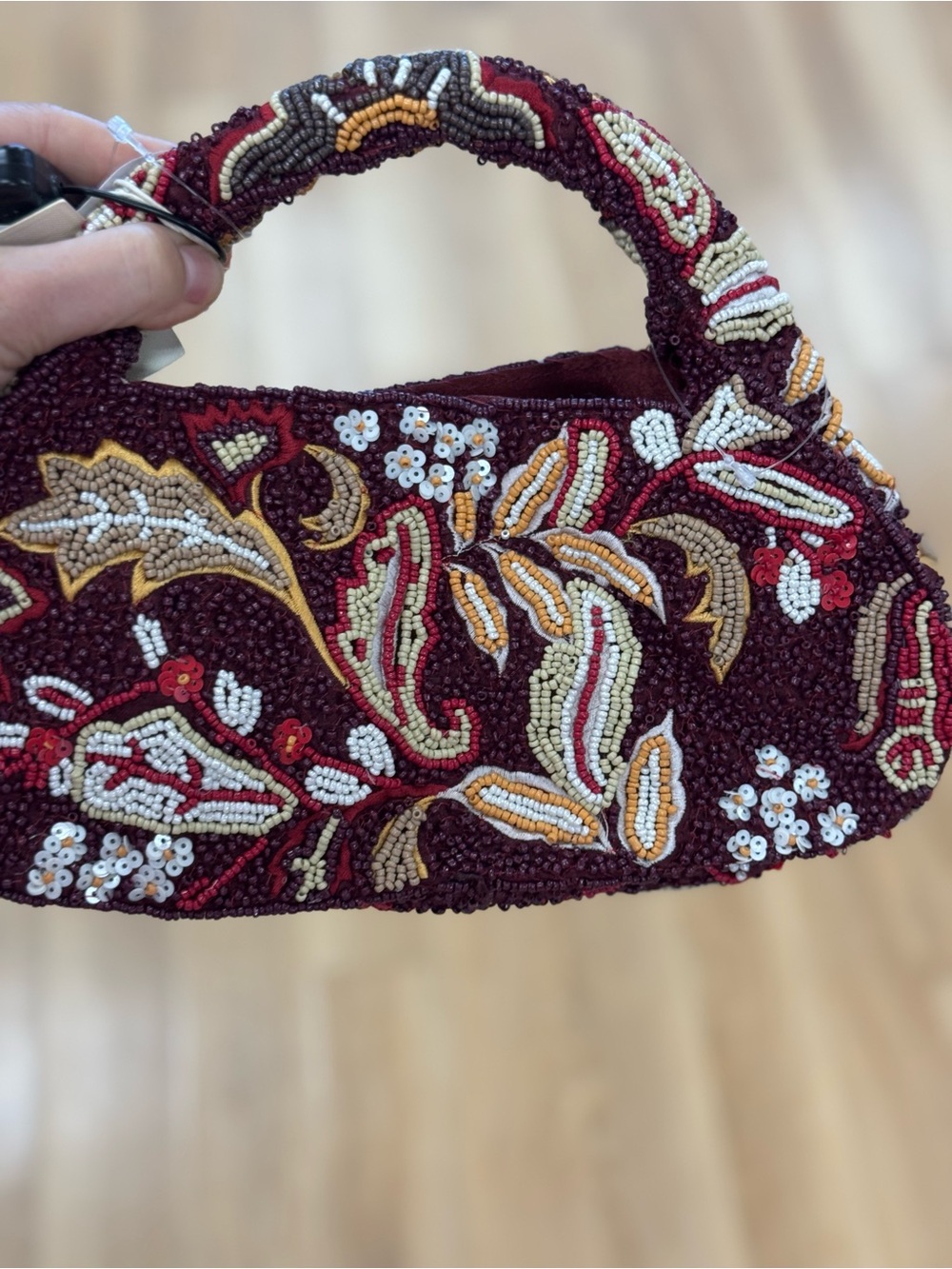 Beaded Floral Handbag in Deep Burgundy
